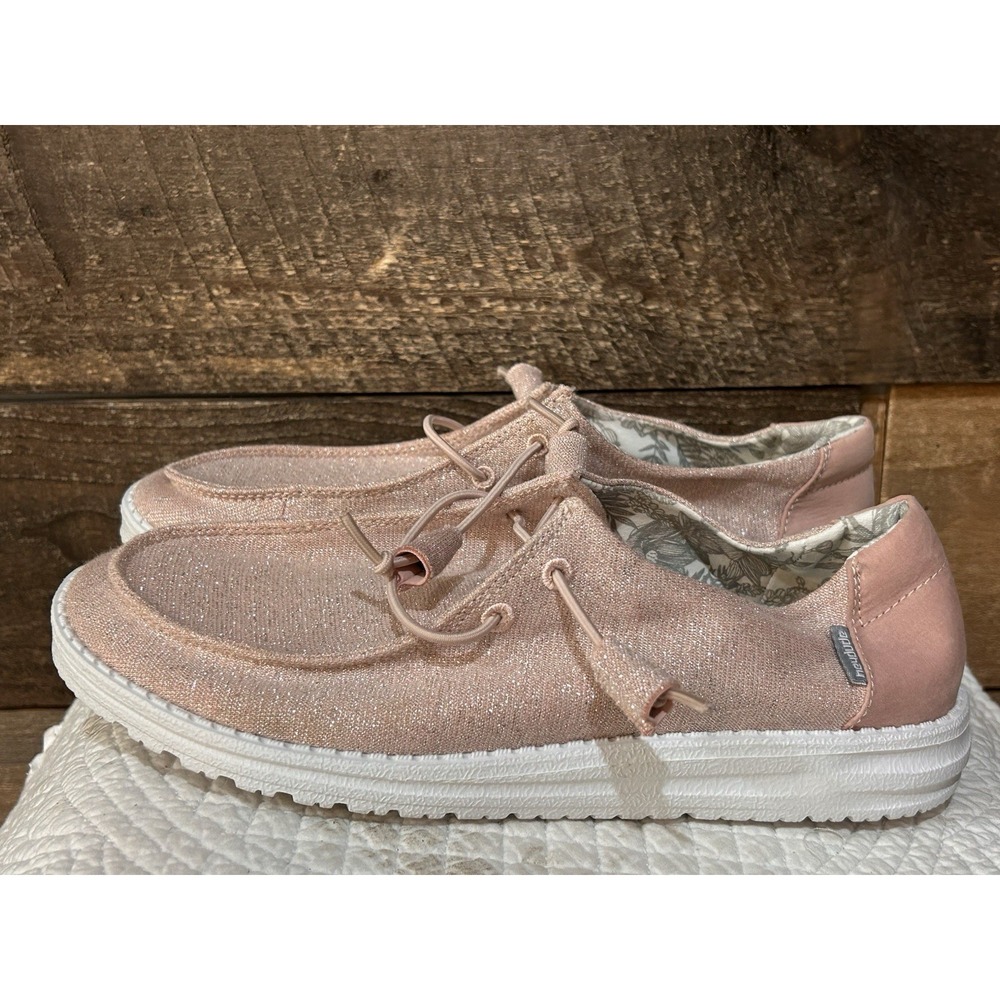 HEYDUDE Wendy Stretch Sparkling Pink Canvas Lightweight Loafer Lace Up 8